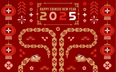 Happy chinese new year 2025 the snake zodiac sign with minimal trendy design modern flat geometric elements red paper cut style on color background. 