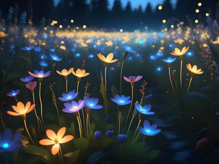 Fantasy forest. Fairy tale magical morning forest with glowing fireflies. Magical particles swirl among the fantastically enchanted trees. Mystical woods. sparkling lights