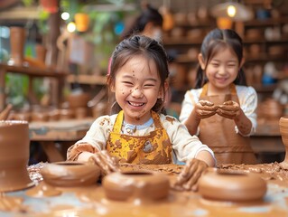 Parents and children taking a pottery class, hands-on experience, everyone shaping clay, creative and artistic atmosphere