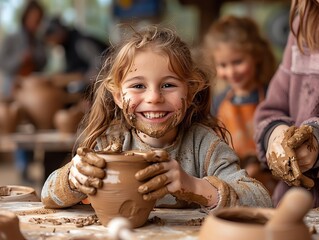 Parents and children taking a pottery class, hands-on experience, everyone shaping clay, creative and artistic atmosphere