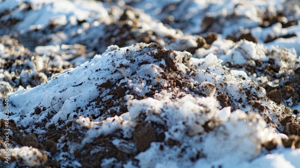 Poster piles of dirty snow gradually shrink and disappear as the spring thaw progresses.