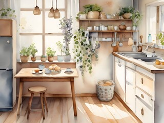 Fototapeta premium Cozy Kitchen Watercolor Art