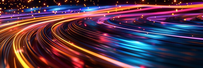 Abstract background with colorful glowing lines, optical fiber cable in the foreground. Abstract futuristic technology concept. Black background.