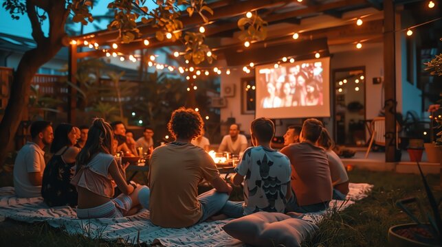 Family hosting a backyard talent show, everyone performing and cheering, fun and lively evening, string lights above