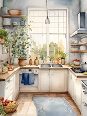 Cozy Kitchen Watercolor Art