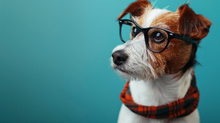 Realistic photo of a dog portrayed as an office worker,  solid color background with ample copy space. professionalism with a playful twist, perfect for creative and corporate uses