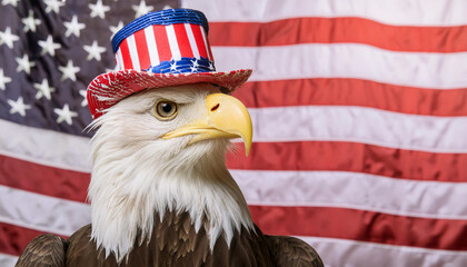 Bald eagle in an Uncle Sam hat with an American flag in the background