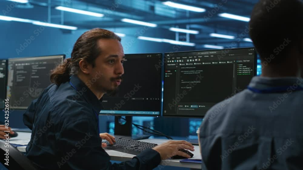 Poster engineers coding together in high tech server hub, using computers to analyze data, ensuring seamles