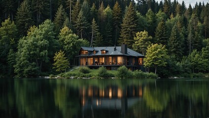 Fototapeta premium wooden house sits on the edge of a body of water.