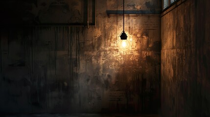 A dimly lit room with a single light bulb hanging from the ceiling, casting eerie shadows on the walls. - Powered by Adobe