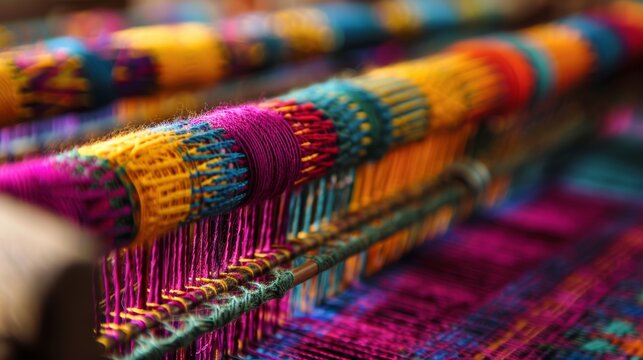 A close-up of a loom weaving cotton threads into a vibrant and colorful pattern.
