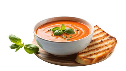 A bowl of creamy tomato soup with a grilled cheese sandwich isolated on Transparent background.