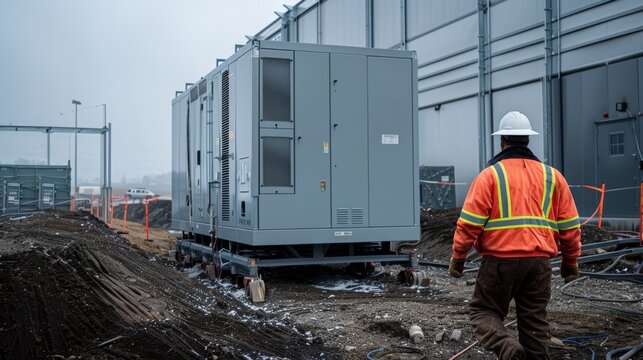A worker directing the placement of a large generator at the site to provide backup power for the grid.