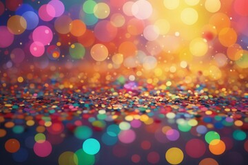 Festive atmosphere with colorful confetti, bokeh, and abstract art against a carnival background