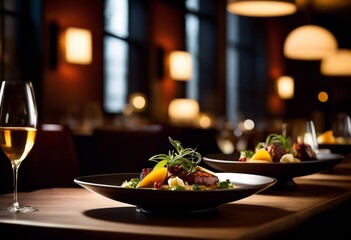 ambient light moody food serving dimly lit restaurant selective focus, dining, atmospheric, shots, cuisine, dishes, dinner, supper, meal, gourmet, elegant