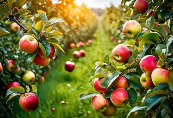 Obraz premium vibrant apple orchard frozen motion apple picking, fruit, harvest, farm, agriculture, tree, fresh, nature, seasonal, crop, ripe, juicy, delicious, healthy