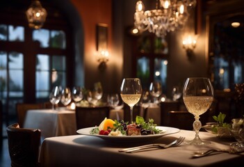 ethereal serving food dim restaurant selective focus, atmospheric, ambiance, ambient, artistic,...