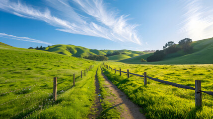 Idyllic Countryside Landscape with Rolling Green Hills and Meandering Dirt Path Under Blue Sky