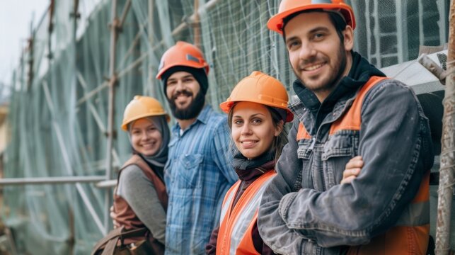 A satisfied construction team posing in front of the building site proud of their careful and meticulous work in installing the protective netting that will ensure a safe and successful