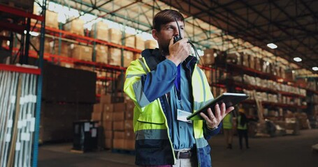 Man, radio and tablet for logistics, communication and order for organise of shipping. Technology, checklist and online for cargo in factory, male management and warehouse depot control with device
