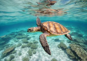 Obraz premium A green sea turtle swims through the crystal-clear lagoon at Lady Elliot Island on the Great Barrier Reef in Queensland, Australia.