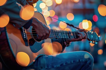 A man is playing a guitar in a city street. The lights in the background create a warm and inviting...