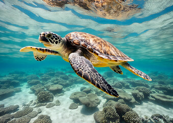Obraz premium A green sea turtle swims through the crystal-clear lagoon at Lady Elliot Island on the Great Barrier Reef in Queensland, Australia.