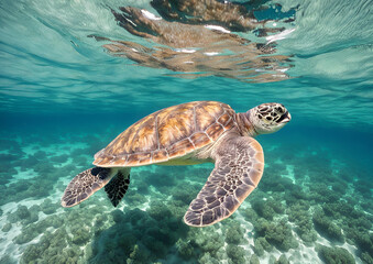 Fototapeta premium A green sea turtle swims through the crystal-clear lagoon at Lady Elliot Island on the Great Barrier Reef in Queensland, Australia.