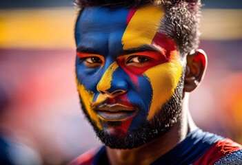 detailed portrait face painted team close shot macro lens, fan, makeup, colors, sports, supporter, enthusiast, cosmetics, design, vibrant, creative, artistic,