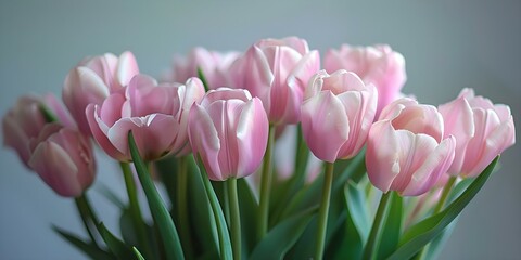 Fototapeta premium Delicately Illuminated Light Pink Tulips Against a Simple Background. Concept Spring Flowers, Nature Photography, Soft Lighting, Minimalistic Background, Floral Portraits