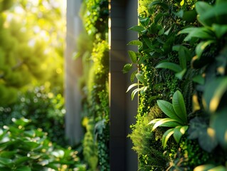 Obraz premium Morning sunlight illuminating lush vertical garden filled with green plants and leaves, creating a serene natural ambiance.