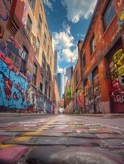 Naklejka premium Vibrant urban alleyway adorned with colorful graffiti art on brick walls, leading to skyscrapers, under a bright blue sky with clouds.