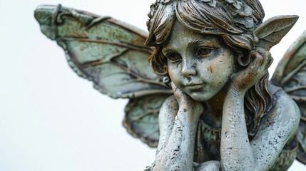 A beautiful statue of a fairy sits in a garden, her wings outspread and her face serene. The statue is made of bronze and has a green patina. It is mounted on a stone pedestal.