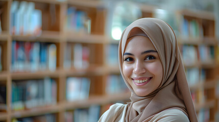 A Smiling Beautiful Female Proud Muslim College Student In Library, world Education Day, Back To School, Book Day, Library, Generative Ai