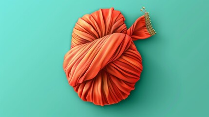 Close-up of twisted orange fabric skein against a turquoise background, showcasing texture and color contrast.