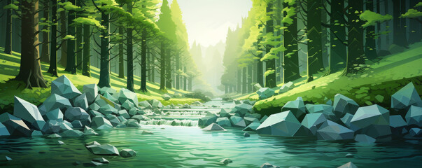 Low poly artwork of a majestic forest stream, surrounded by lush greenery and towering trees, creating an adventurous and serene scene.