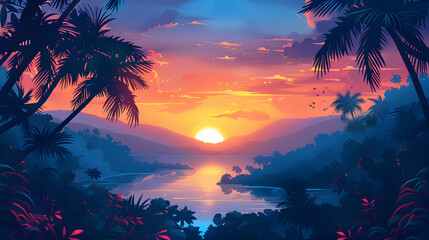 Sunset with Mountains and Jungle, Copy Space, Generative Ai