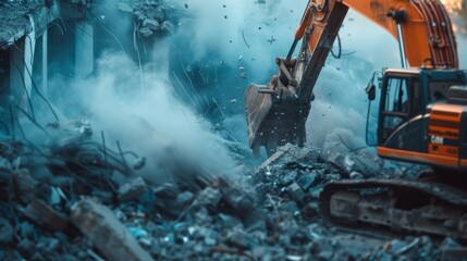 An excavator flawlessly demolishes an old building with powerful hydraulic attachments.
