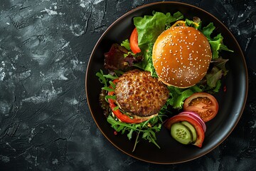Photo of a plate with salad and burger on a dark background in a top view. There is empty space on the right side for text. It is a high quality photograph in the style of raw photography.