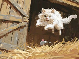 Illustration of a fluffy white cat leaping towards a gray mouse in a barn, capturing a playful and dynamic scene.
