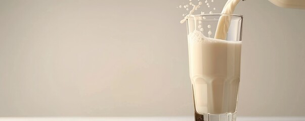A glass of milk being poured on a white background.