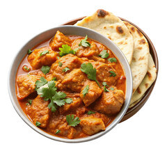 Fototapeta premium A bowl of spicy chicken curry with naan bread isolated on Transparent background.