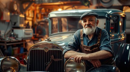 The picture of the adult mechanic looking at the camera with the vintage car in the automobile workshop that use for checking and repairing the various vehicle that need to use the experience. AIG43. - Powered by Adobe