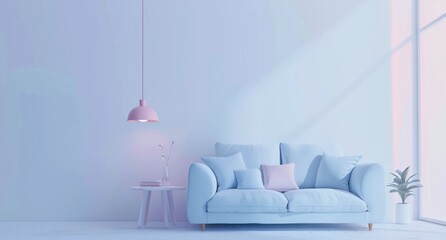 White living room with a pastel blue sofa and a pink pendant lamp, white wall background