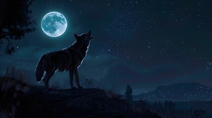 Fototapeta premium Black silhouette of a wolf howls at the full moon in a night sky