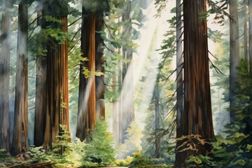 Serene forest landscape with sunlight streaming through tall trees, creating a peaceful and natural atmosphere.