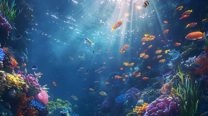 A colorful coral reef teems with fish in a clear blue sea