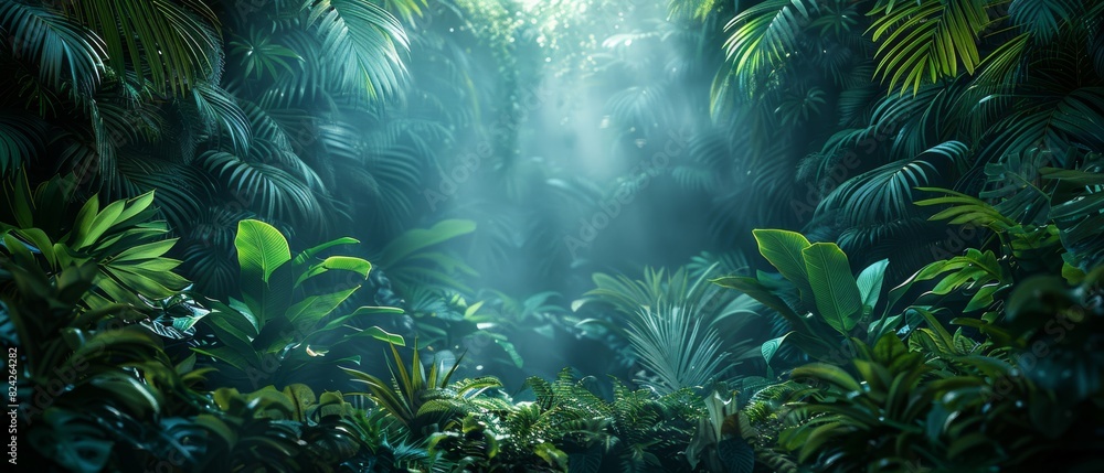 Wall mural background tropical. beneath the thick canopy, the rainforest floor is a labyrinth of shadows and da - Wall murals