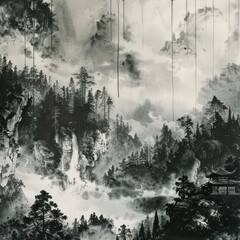 Chinese architecture with mountain, ink painting