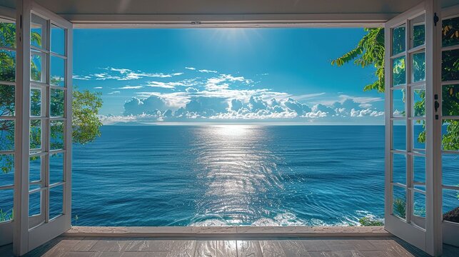 Fototapeta The open window of the villa offers a view of the sea. An idyllic picture of relaxation and tranquility. Generative AI